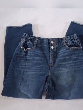 Women's Straight Paper Bag Waist Jeans Size 12 Blue Denim Elastic High Rise